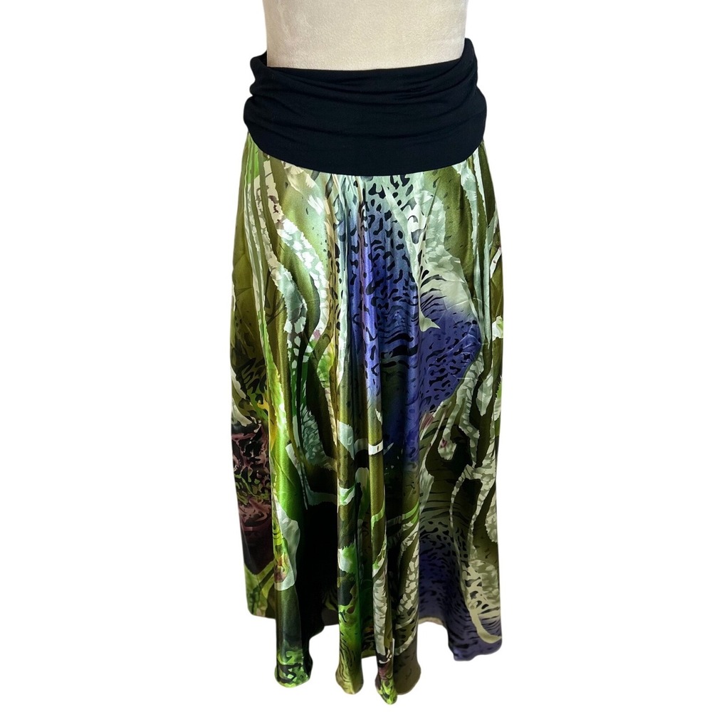Boston Proper Abstract Animal Print Maxi Skirt Green Purple XS Foldover Waist